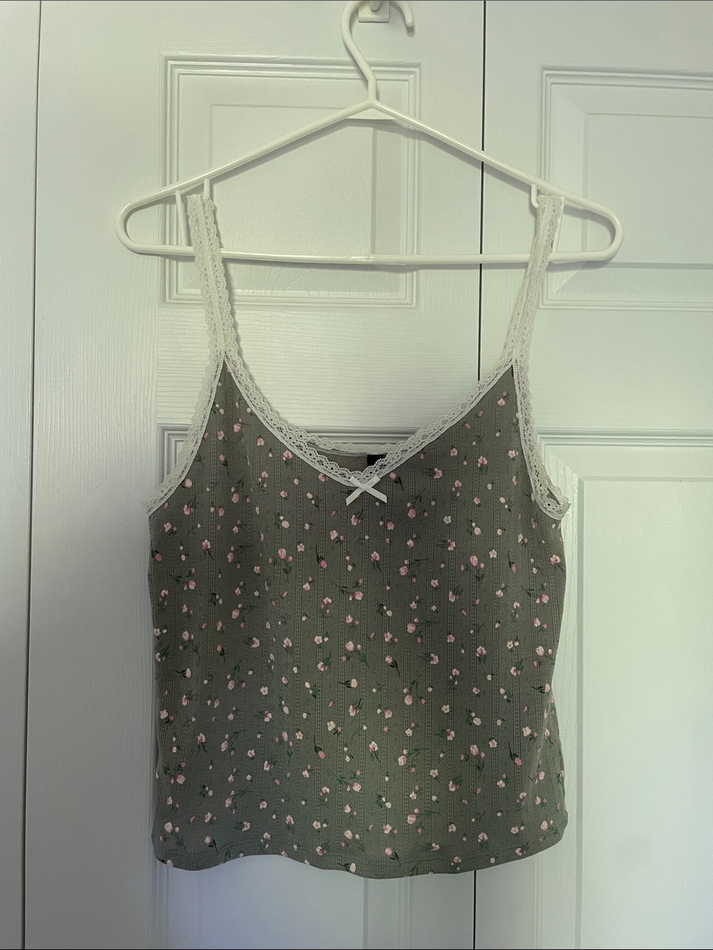 H&M Sage Green Floral Lace-Trim Slip Top with Pink floral pattern